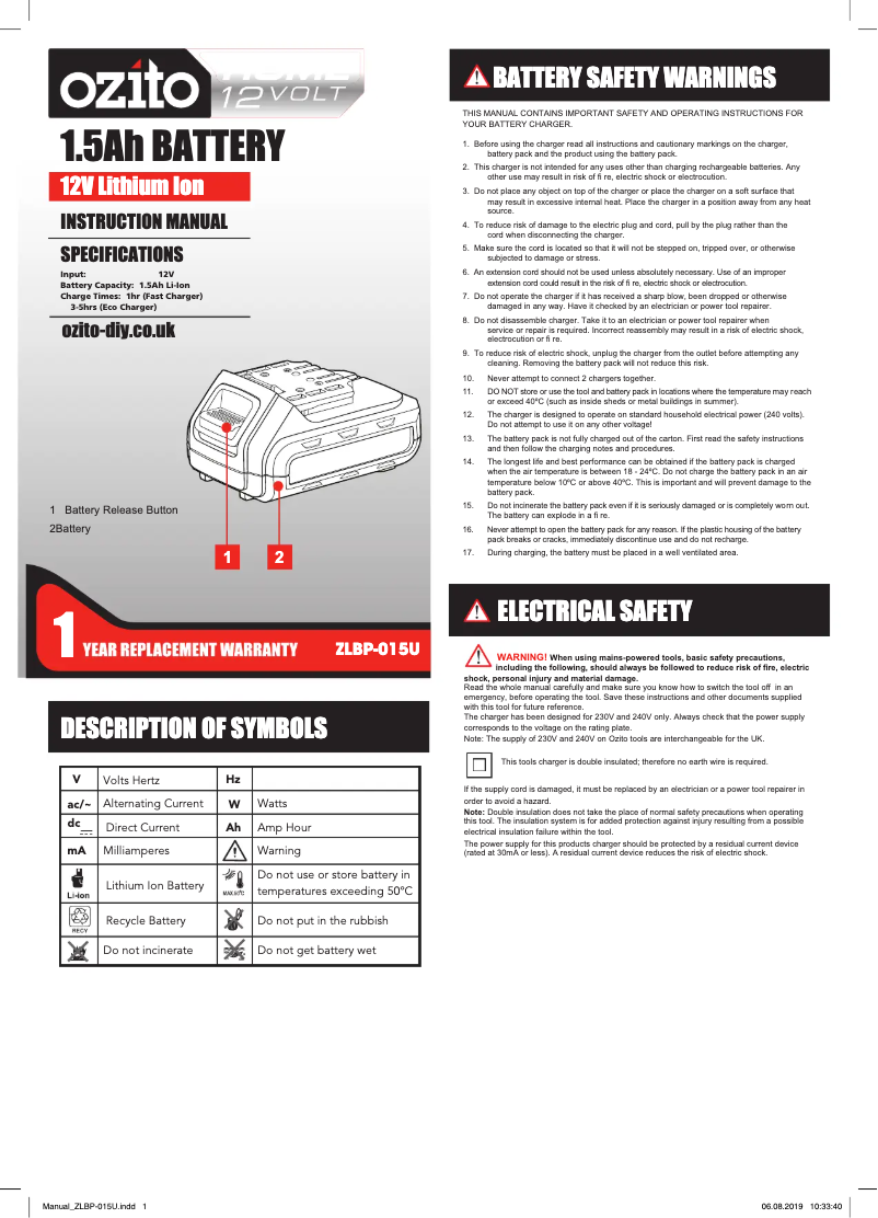 Página 1 del manual Manual de usuario Ozito ZLHDK-150U