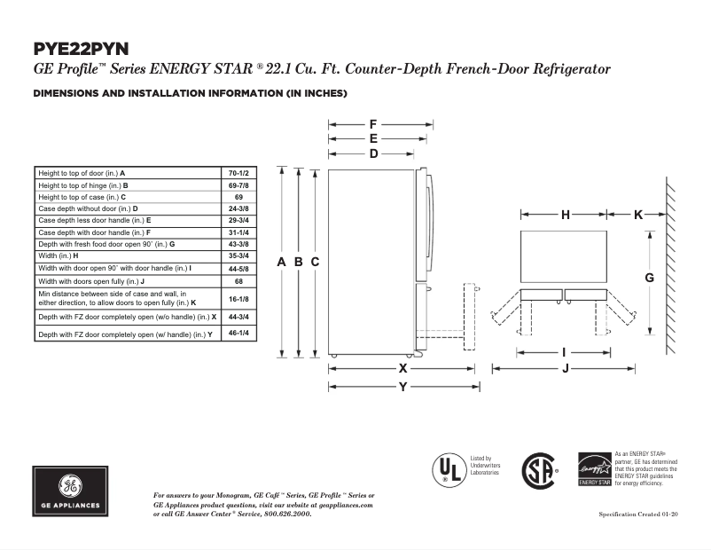 Página 1 del manual Ficha técnica GE Profile PYE22PYNFS
