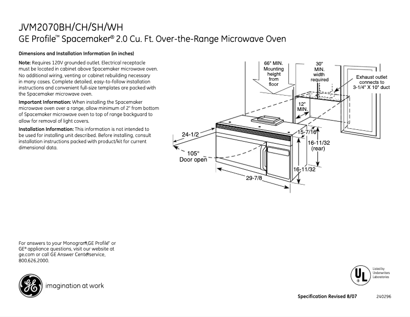 Página 1 del manual Ficha técnica GE JVM2070SH