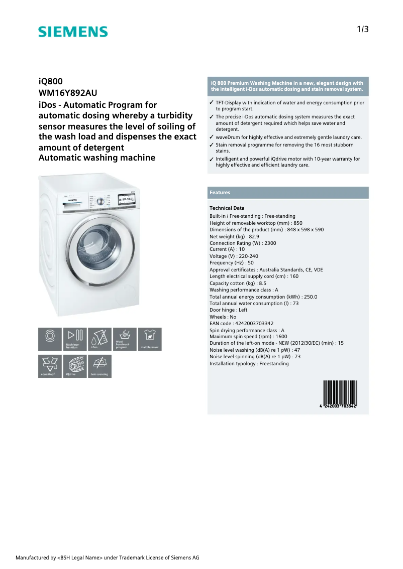 Página 1 del manual Ficha técnica Siemens WM16Y892AU