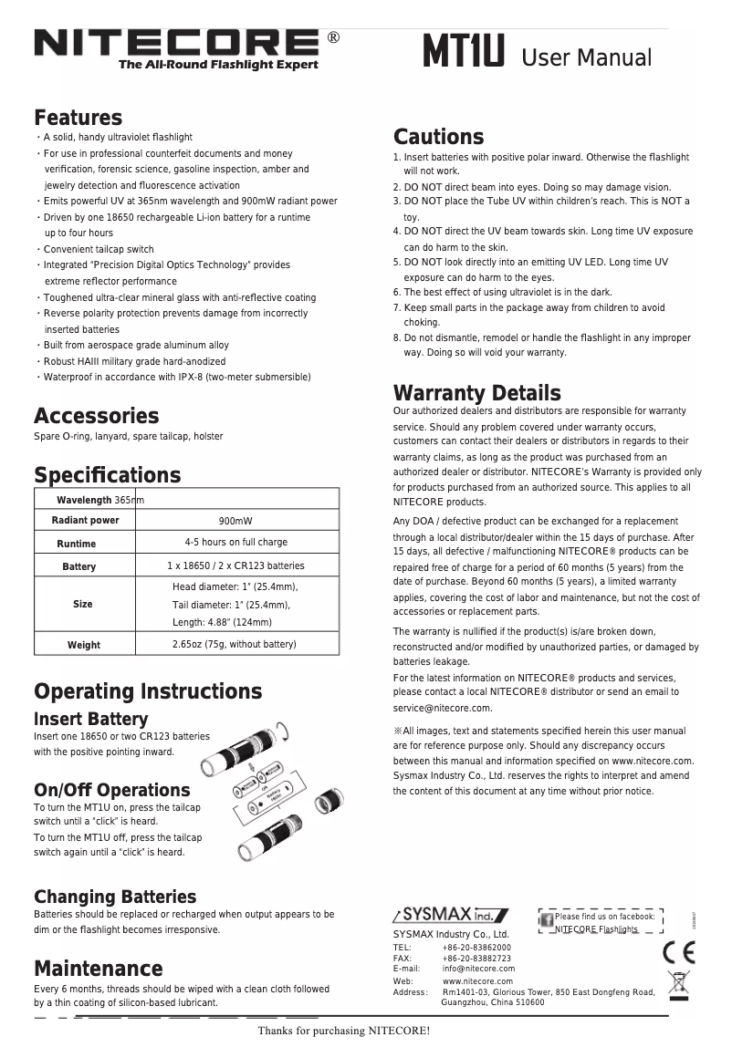 Página 1 del manual Manual de usuario Nitecore MT1U