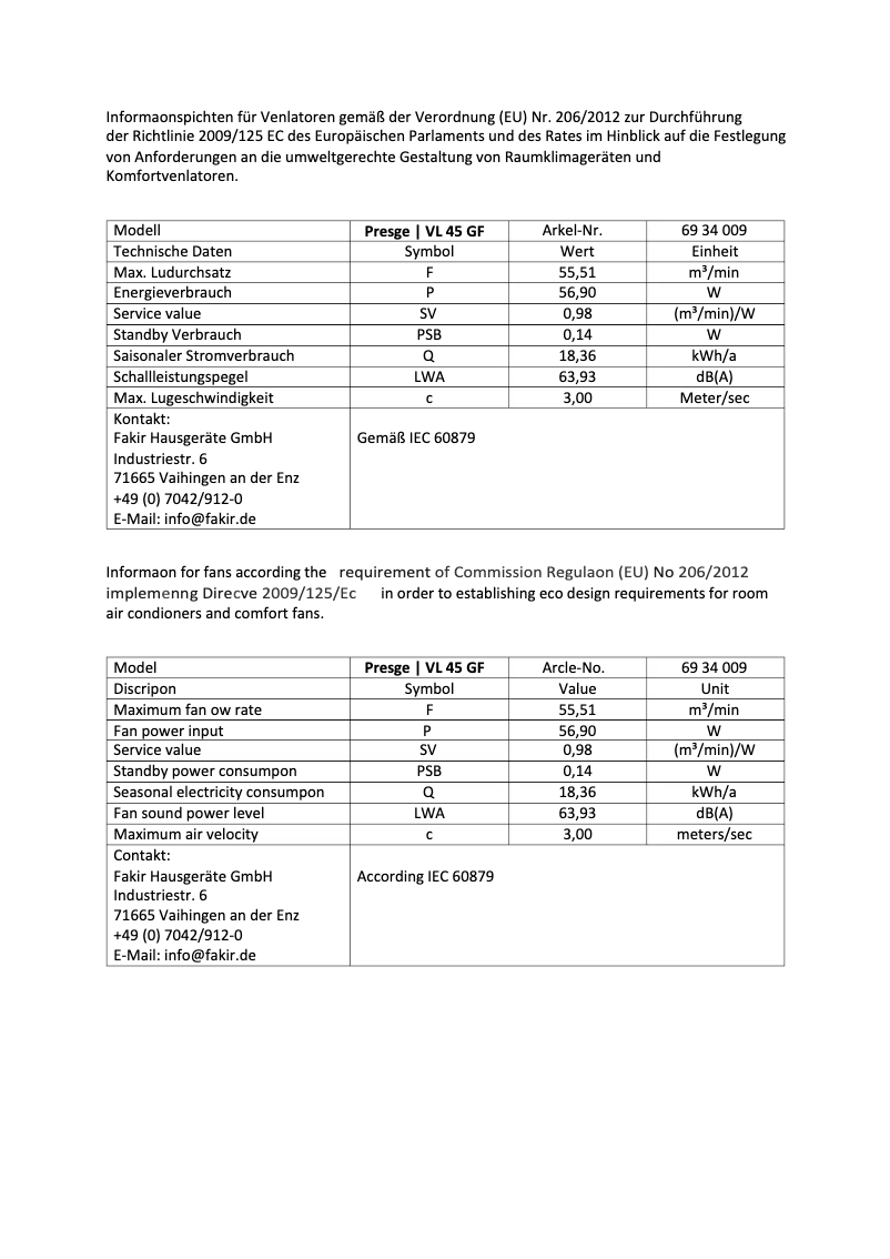 Página 1 del manual Etiqueta energética Fakir Prestige VL 45 GF