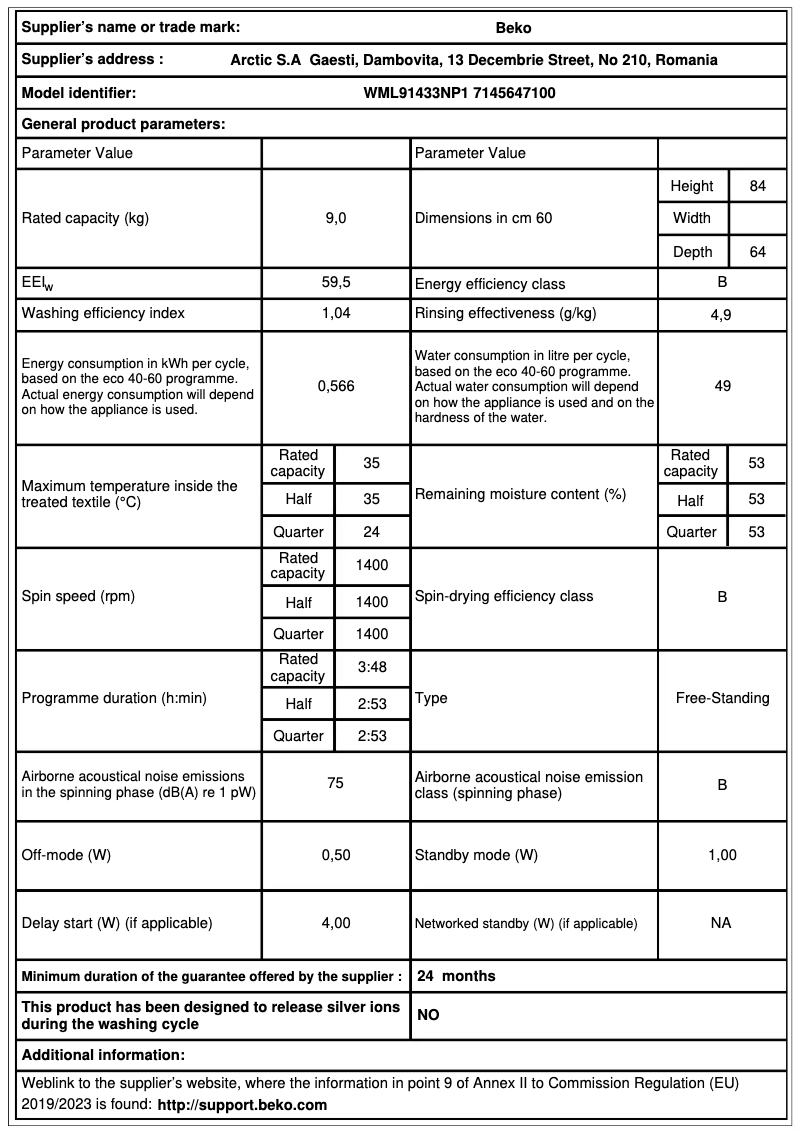 Página 1 del manual Ficha técnica Beko WML91433NP1