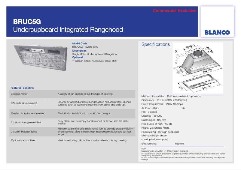 Página 1 del manual Ficha técnica BLANCO BRUC5G