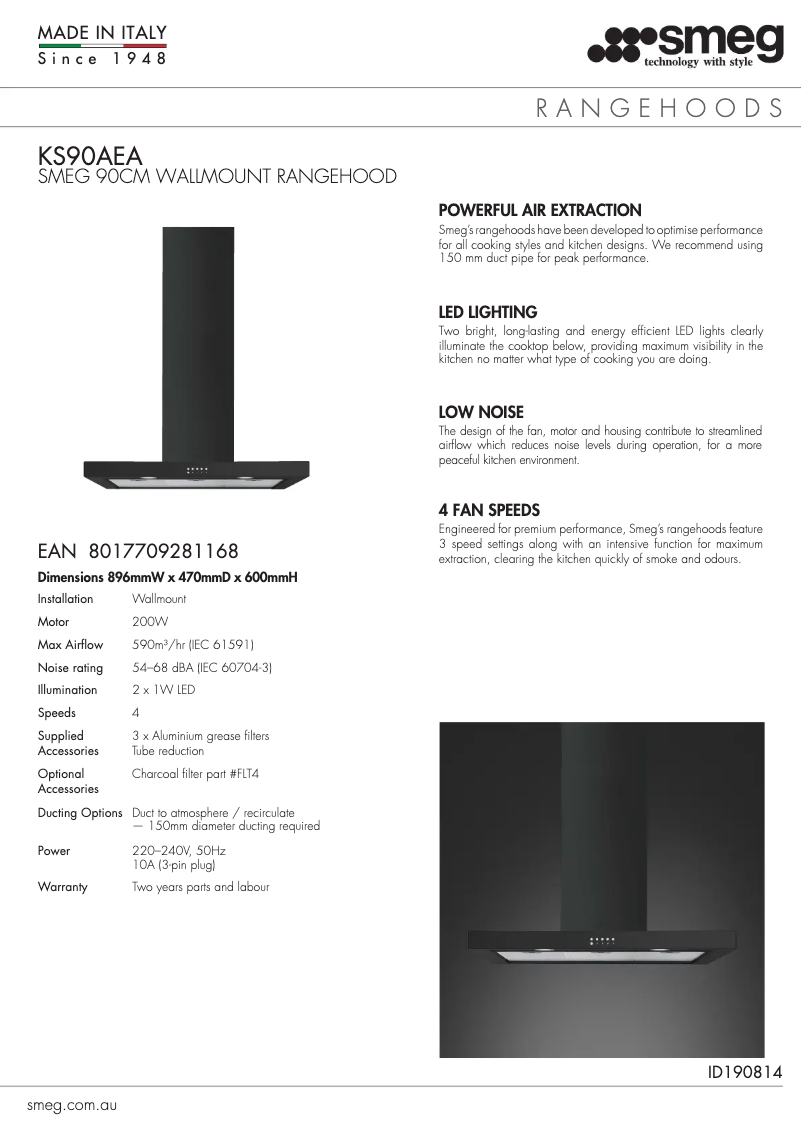 Página 1 del manual Ficha técnica Smeg KS90AEA