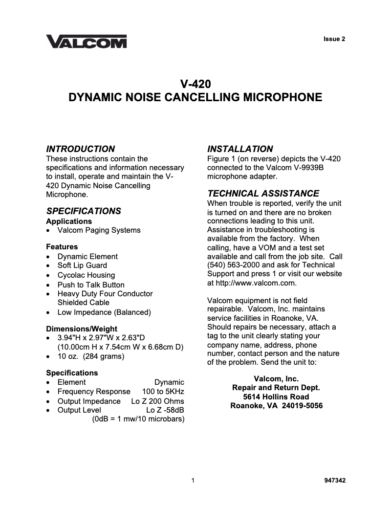 Imagen de la primera página del manual del dispositivo V-420