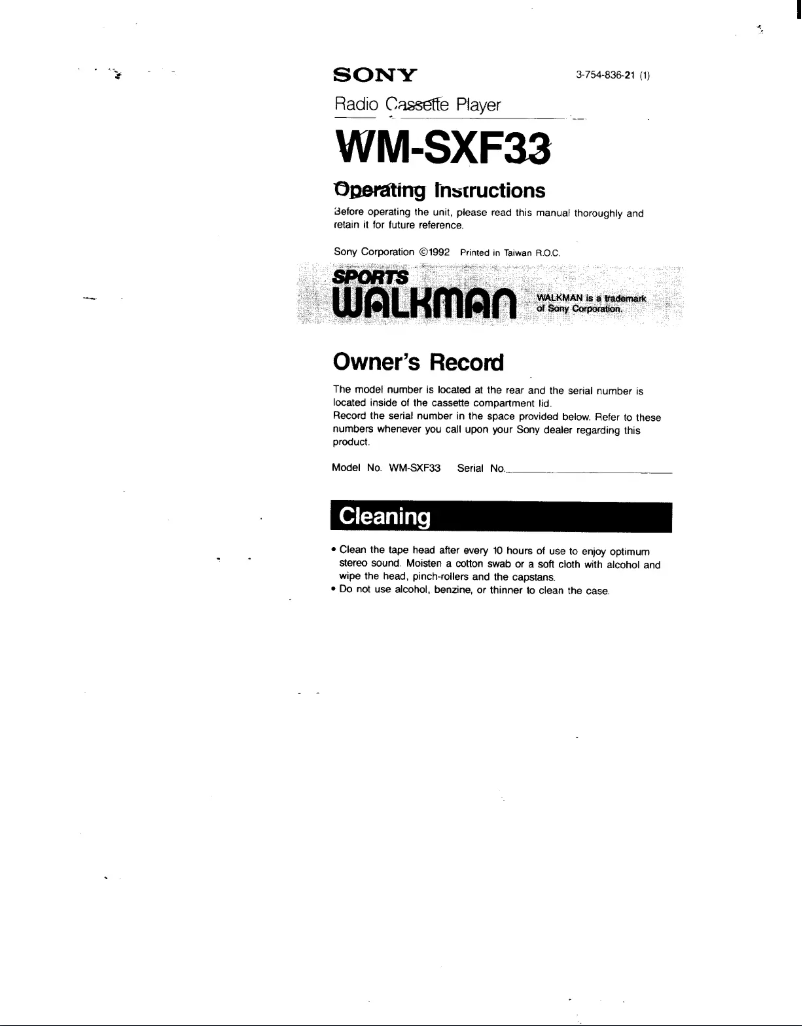 Página nº 1 - Manual de usuario Sony Walkman WM-SXF33