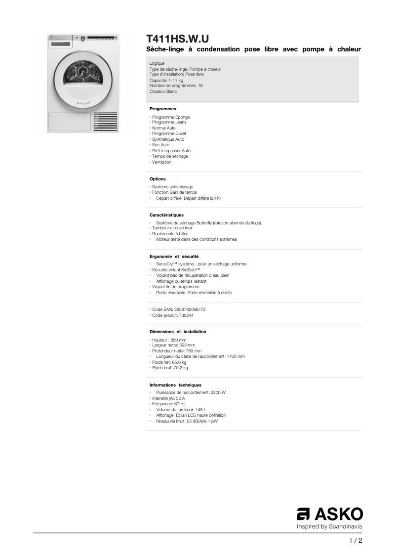 Página 1 del manual Ficha técnica Asko T411HS.W.U