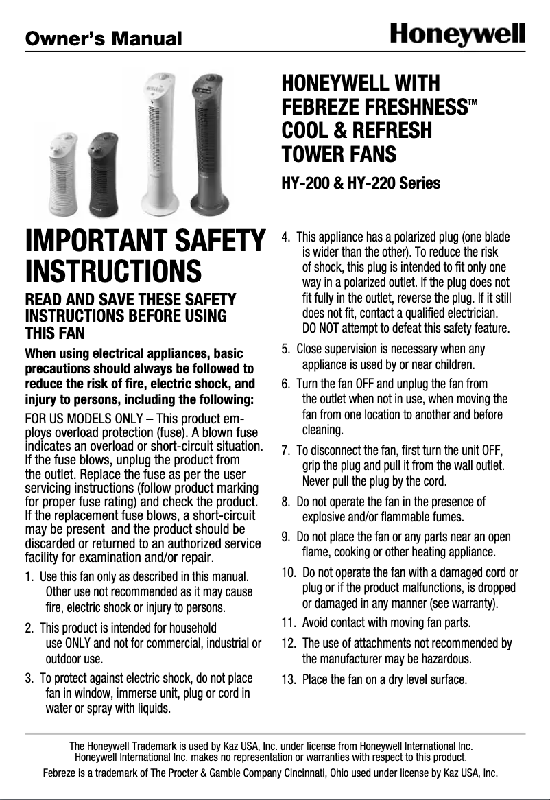 Página nº 1 - Manual de usuario Honeywell Febreze Freshness HY-224