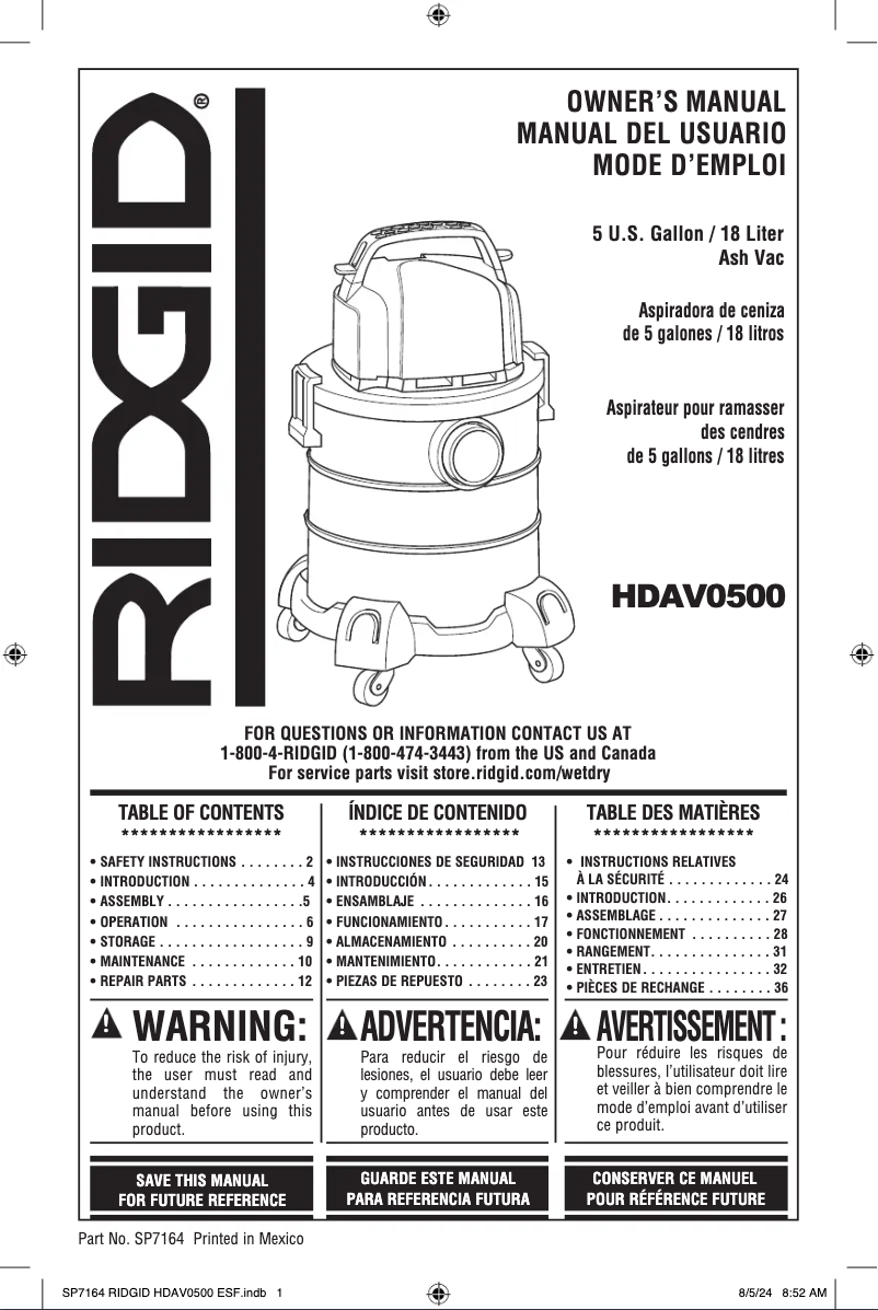 Página nº 1 - Manual de usuario Ridgid HDAV0500