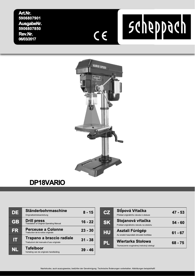 Página nº 1 - Manual de usuario Scheppach DP18Vario