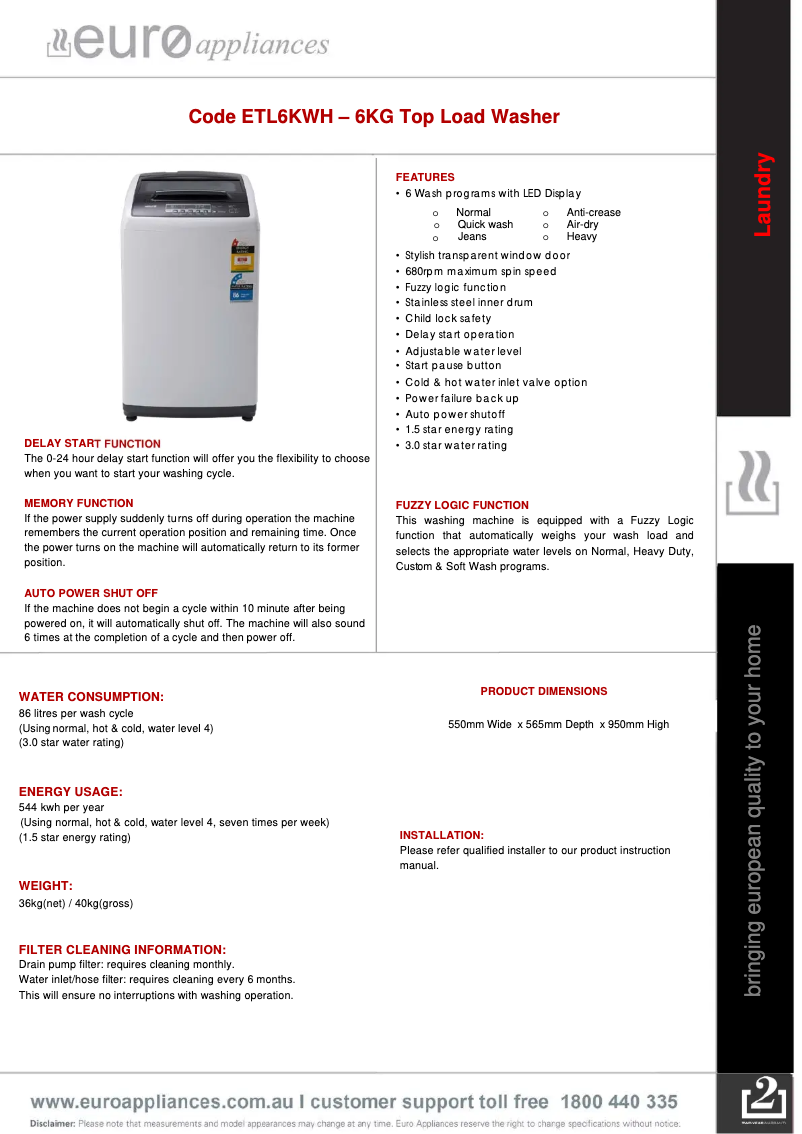 Página 1 del manual Ficha técnica Euro Appliances ETL6KWH