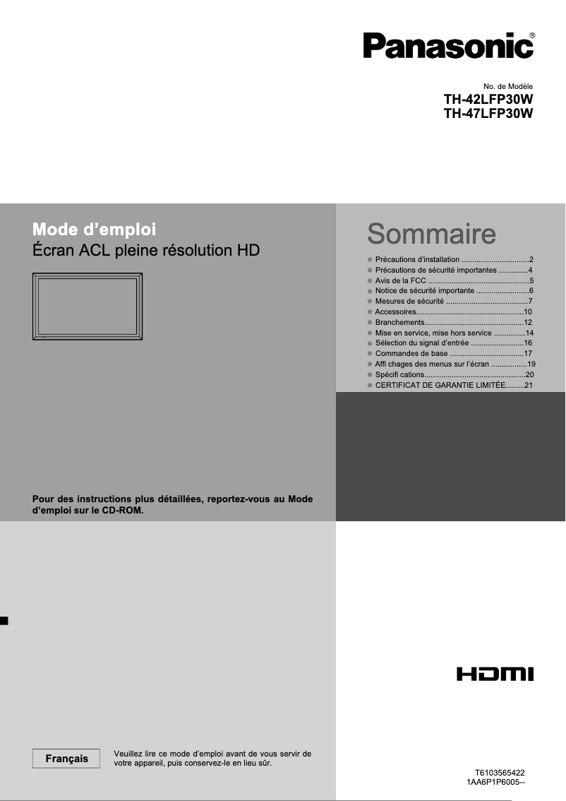 Página nº 1 - Guía de inicio rápido Panasonic TH-42LFP30W