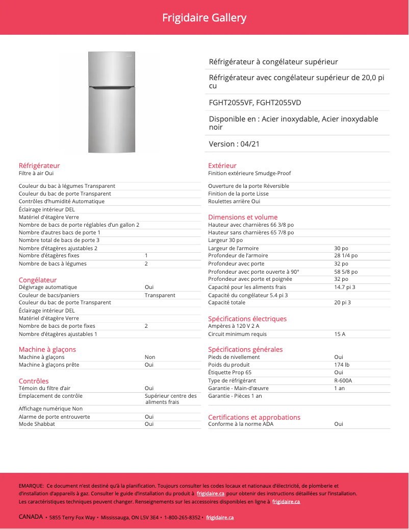 Página 1 del manual Ficha técnica Frigidaire FGHT2055VD