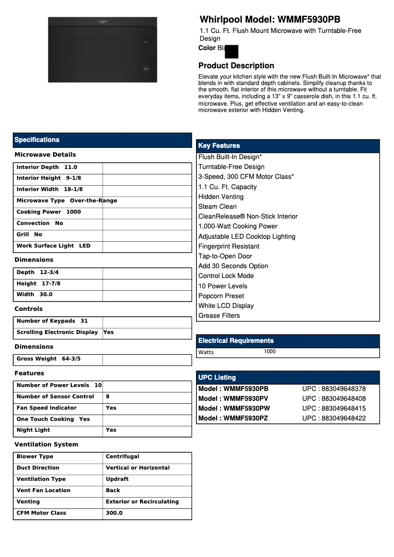 Página 1 del manual Ficha técnica Whirlpool WMMF5930PB