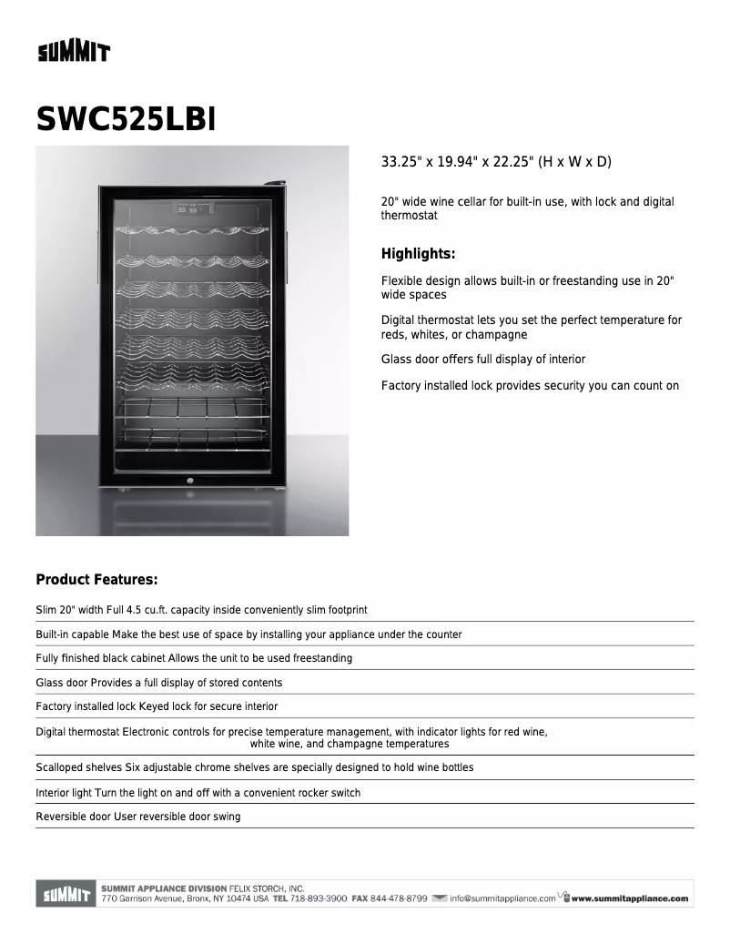 Página 1 del manual Ficha técnica Summit SWC525LBI7