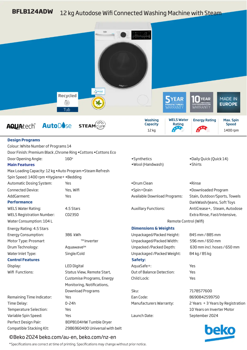 Imagen de la primera página del manual del dispositivo BFLB124ADW