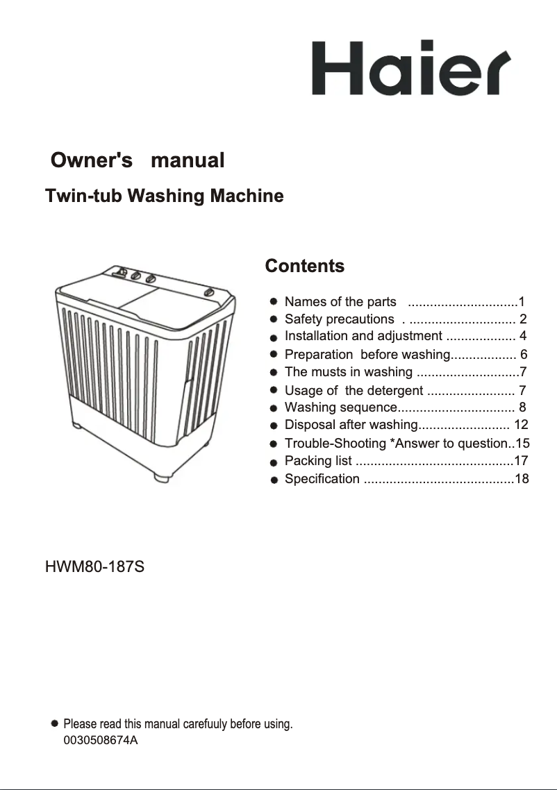 Página 1 del manual Manual de usuario Haier HWM80-187S