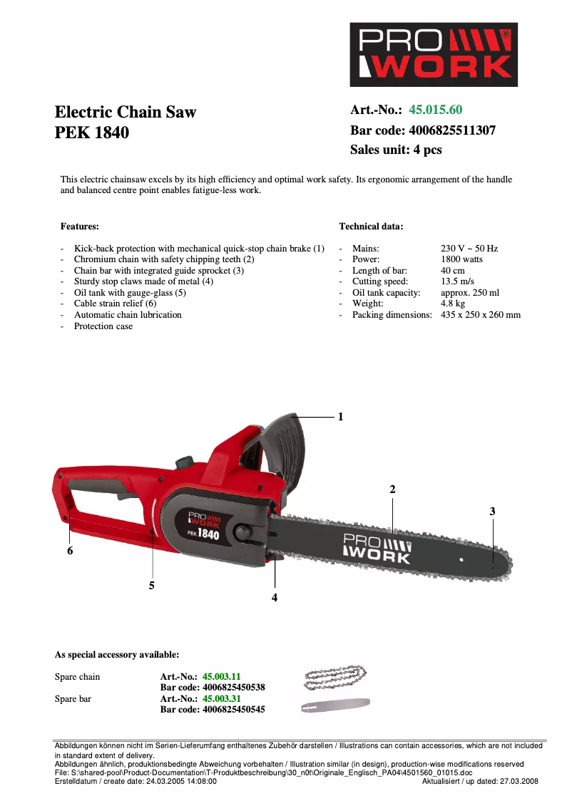 Página 1 del manual Manual de usuario Prowork PEK 1840