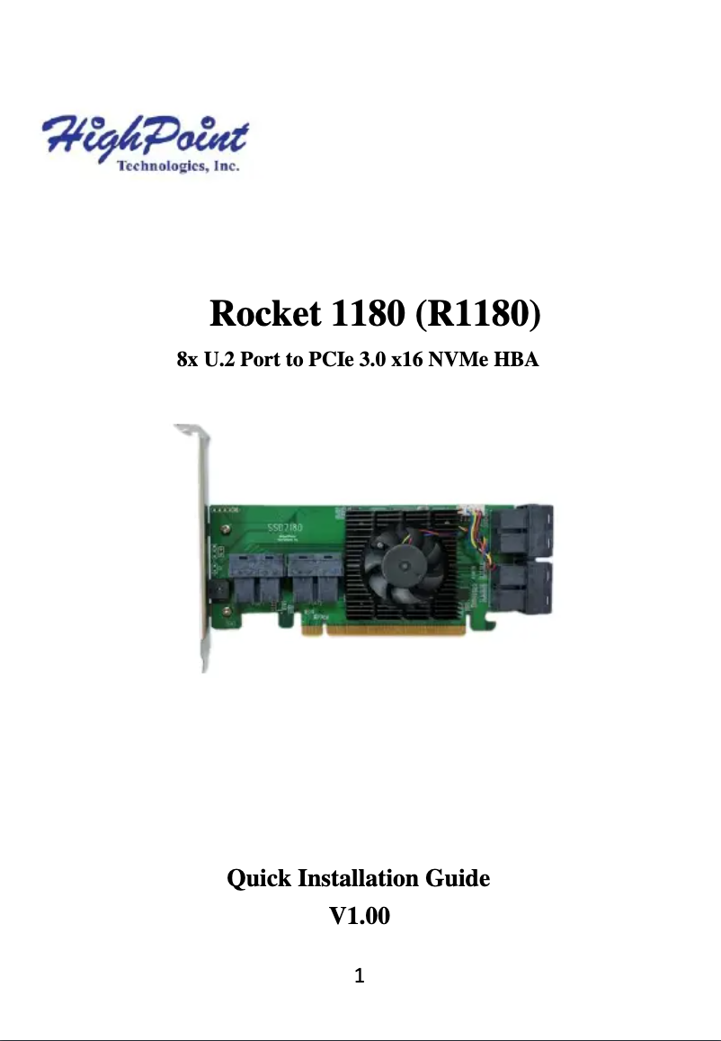 Imagen de la primera página del manual del dispositivo Rocket 1180 8-Channel U.2 SSD PCIe Host Bus Adapte