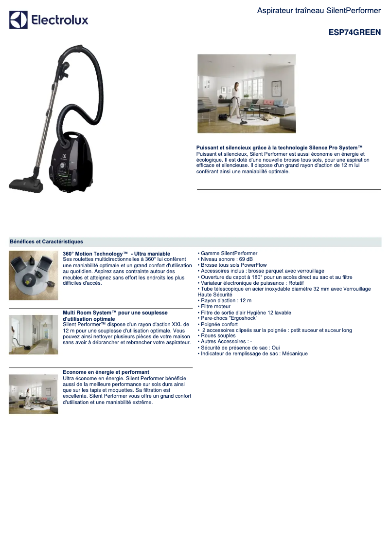 Página 1 del manual Ficha técnica Electrolux SilentPerformer ESP74