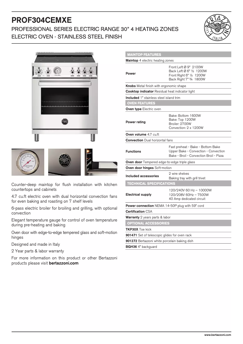 Página 1 del manual Ficha técnica Bertazzoni PROF304CEMXE