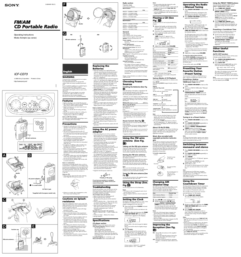 Imagen de la primera página del manual del dispositivo ICF-CD73