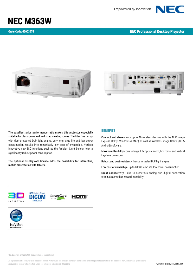 Página 1 del manual Ficha técnica NEC M363W