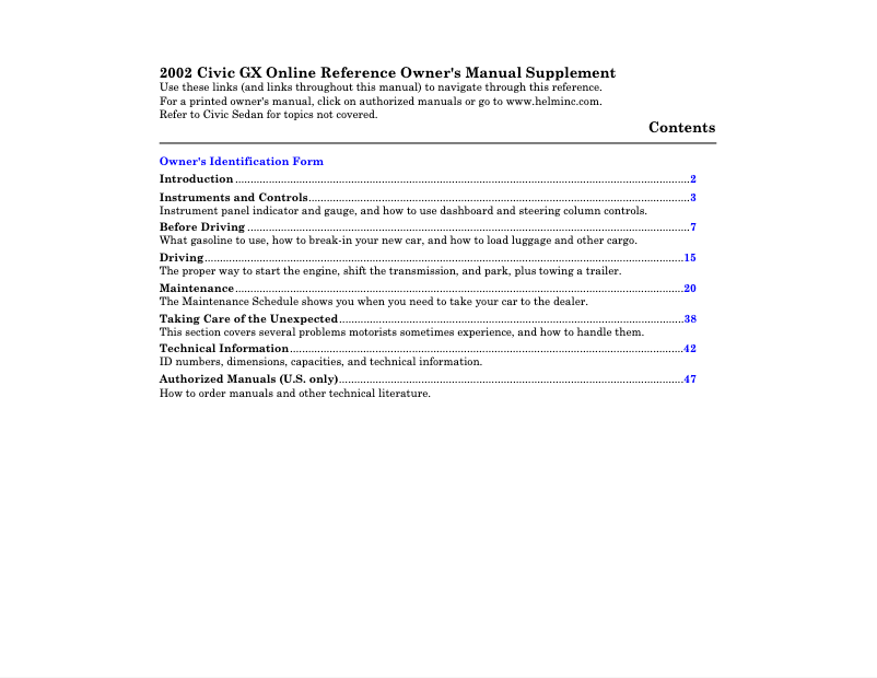 Imagen de la primera página del manual del dispositivo Civic Sedan (2002)
