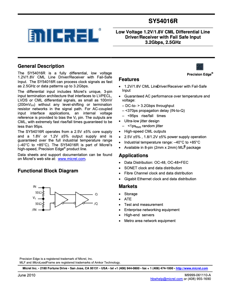 Imagen de la primera página del manual del dispositivo SY54016R