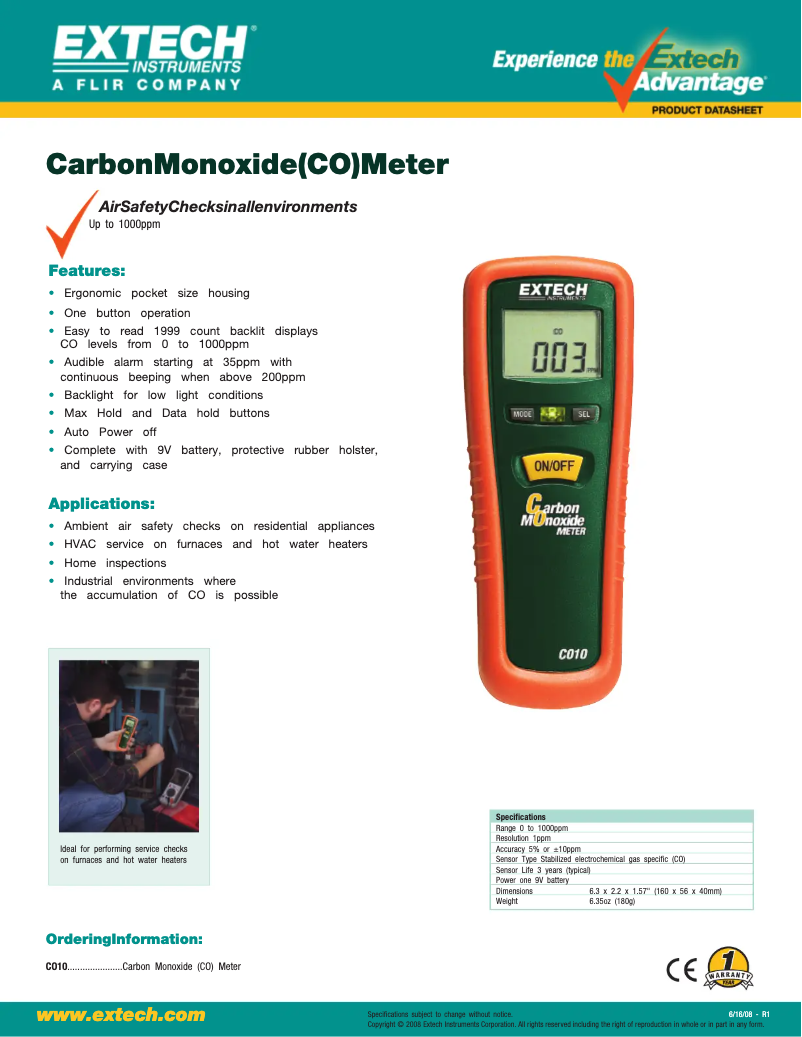 Página 1 del manual Ficha técnica Extech CO10