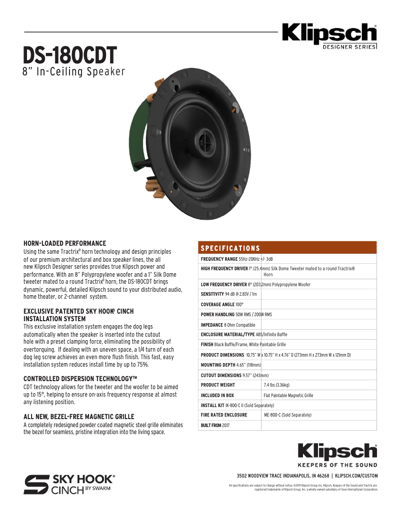 Página 1 del manual Ficha técnica Klipsch DS-180CDT