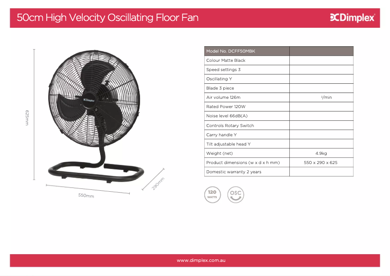 Página 1 del manual Ficha técnica Dimplex DCFF50MBK