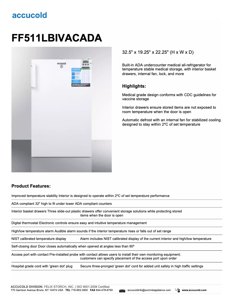 Página 1 del manual Ficha técnica Summit Accucold FF511LBIVACADA