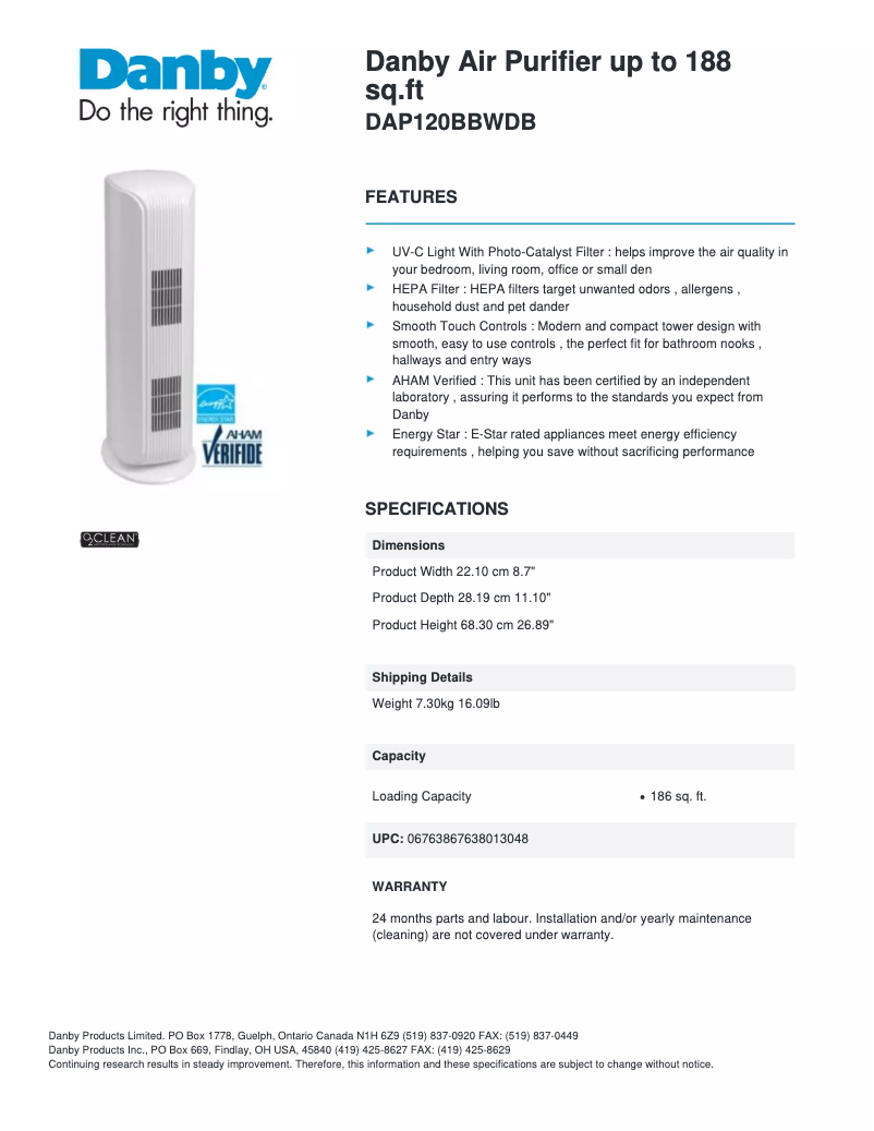 Página 1 del manual Ficha técnica Danby DAP120BBWDB