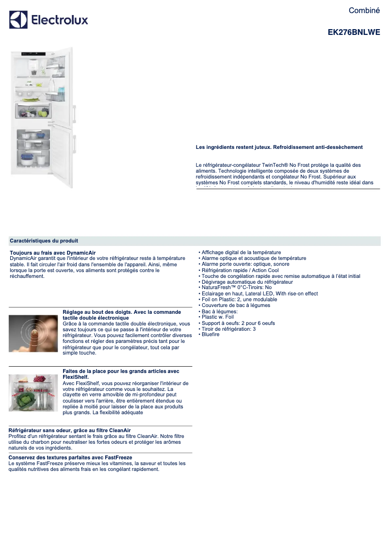Página 1 del manual Ficha técnica Electrolux EK276BNLWE