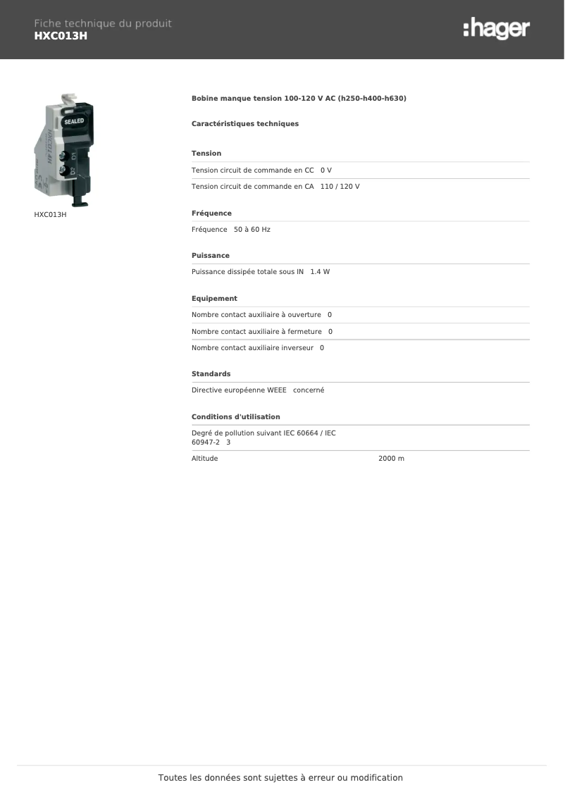 Página 1 del manual Ficha técnica Hager HXC013H