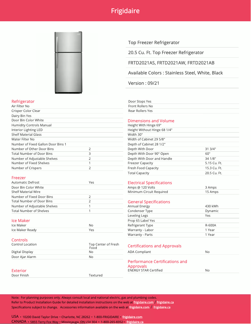 Página nº 1 - Ficha técnica Frigidaire FRTD2021AS