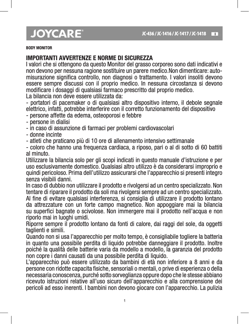 Imagen de la primera página del manual del dispositivo JC-1418