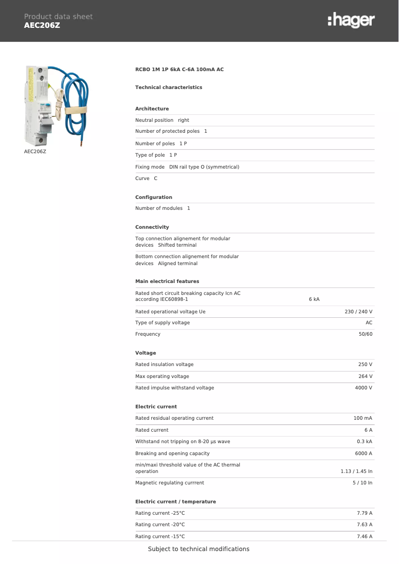 Página 1 del manual Ficha técnica Hager AEC206Z