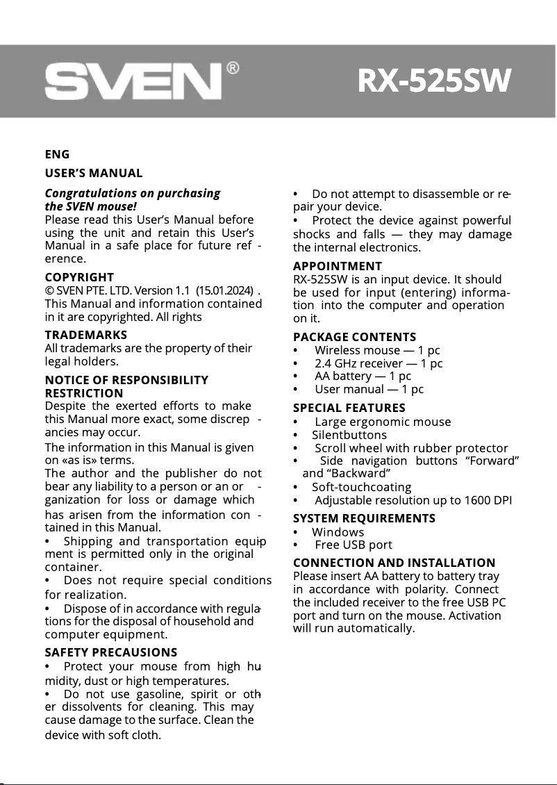 Página nº 1 - Manual de usuario Sven RX-525SW