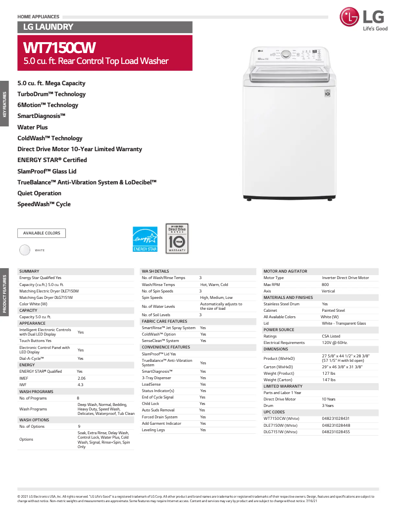 Página 1 del manual Ficha técnica LG WT7150CW