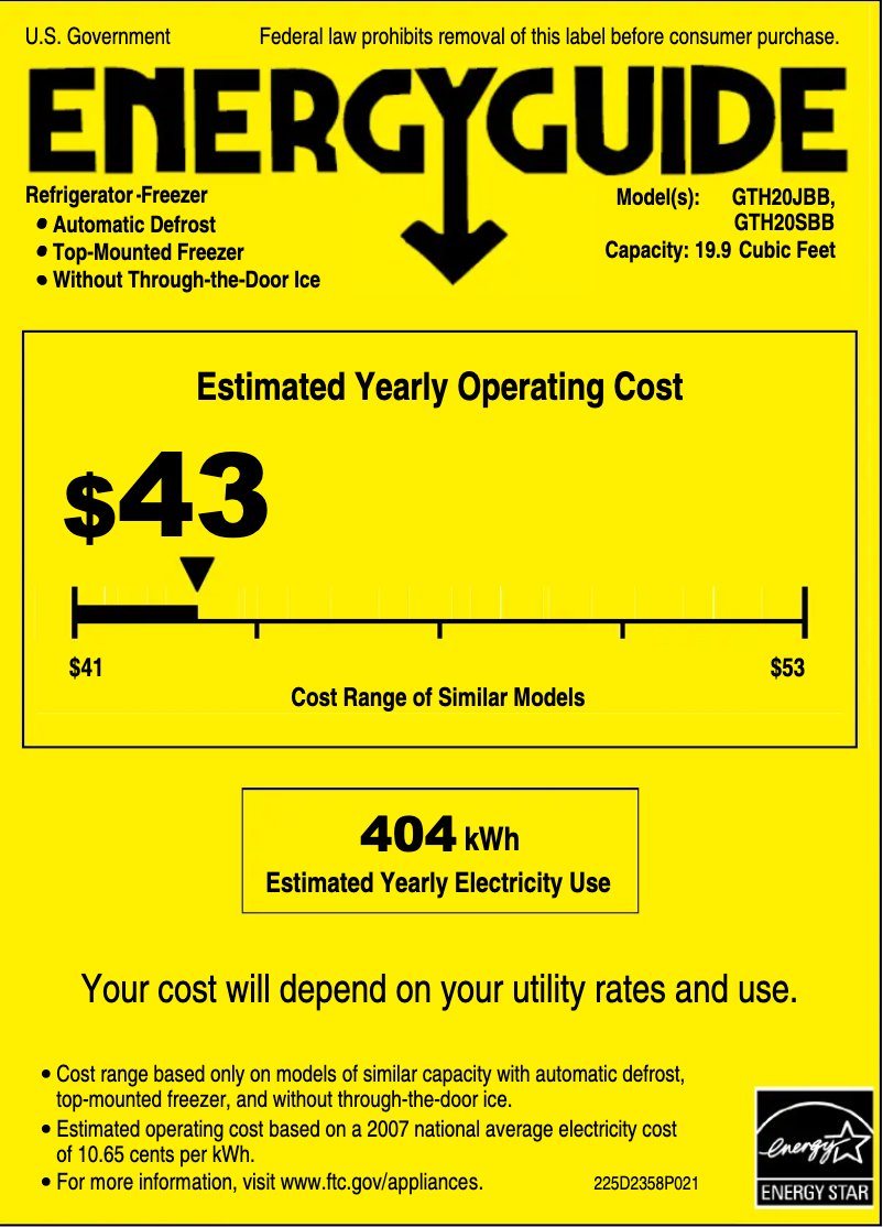 Página 1 del manual Etiqueta energética GE GTH20JBBWW