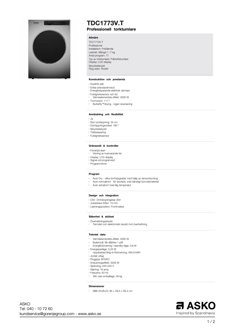 Página 1 del manual Ficha técnica Asko TDC1773V.T