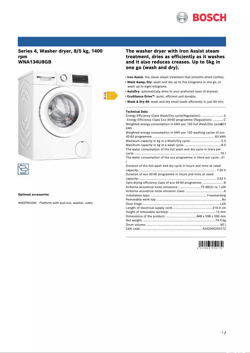 Página 1 del manual Ficha técnica Bosch WNA134U8GB