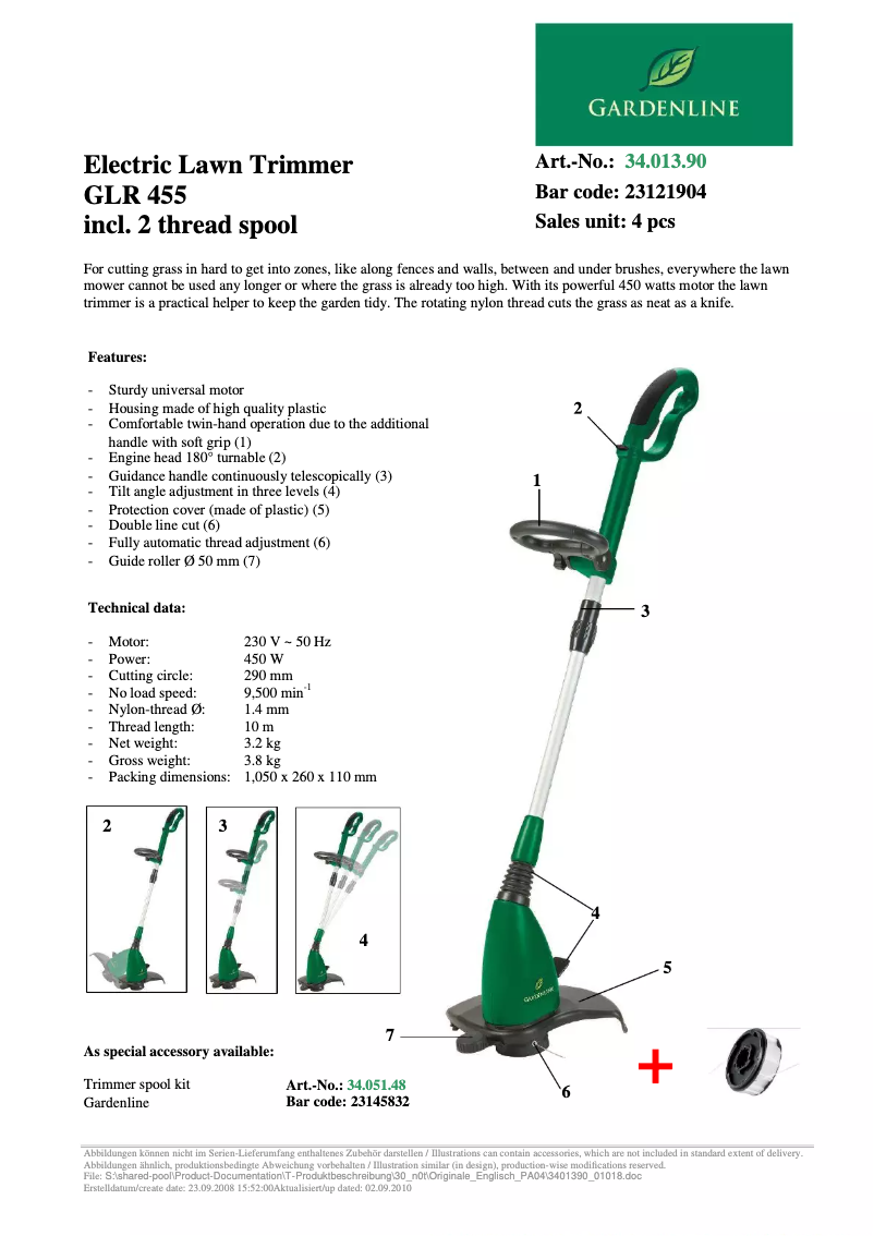 Página nº 1 - Ficha técnica Gardenline GLR 455