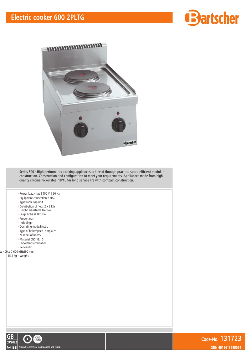 Página 1 del manual Manual de usuario Bartscher 131723