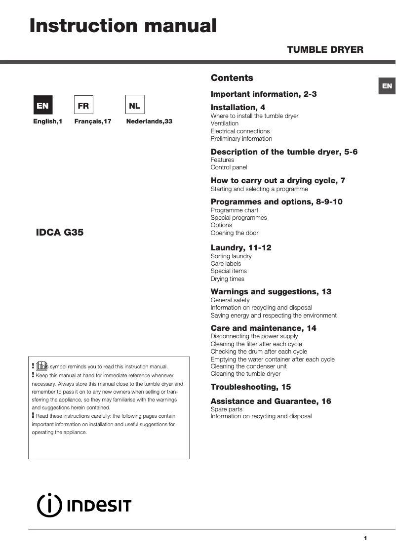 Página 1 del manual Manual de usuario Indesit IDCA G35