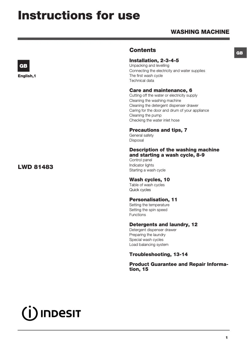 Página 1 del manual Manual de usuario Indesit LWD 81483 W UK