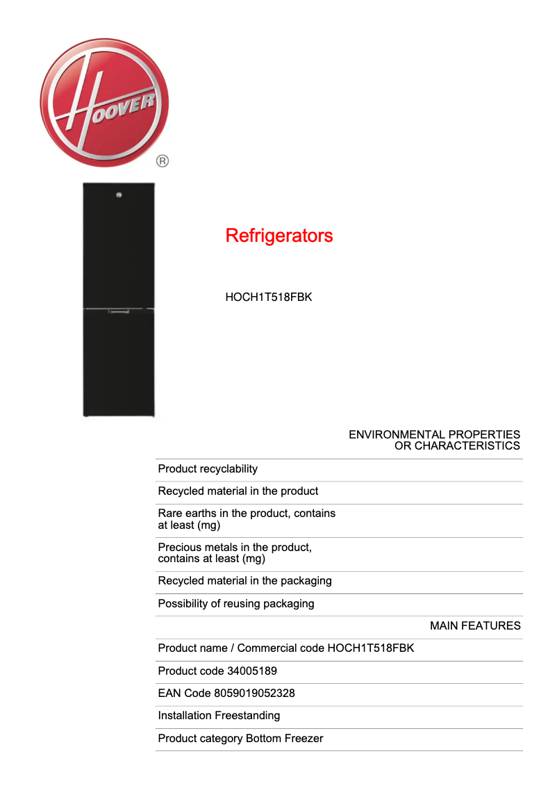 Imagen de la primera página del manual del dispositivo HOCH1T518FBK